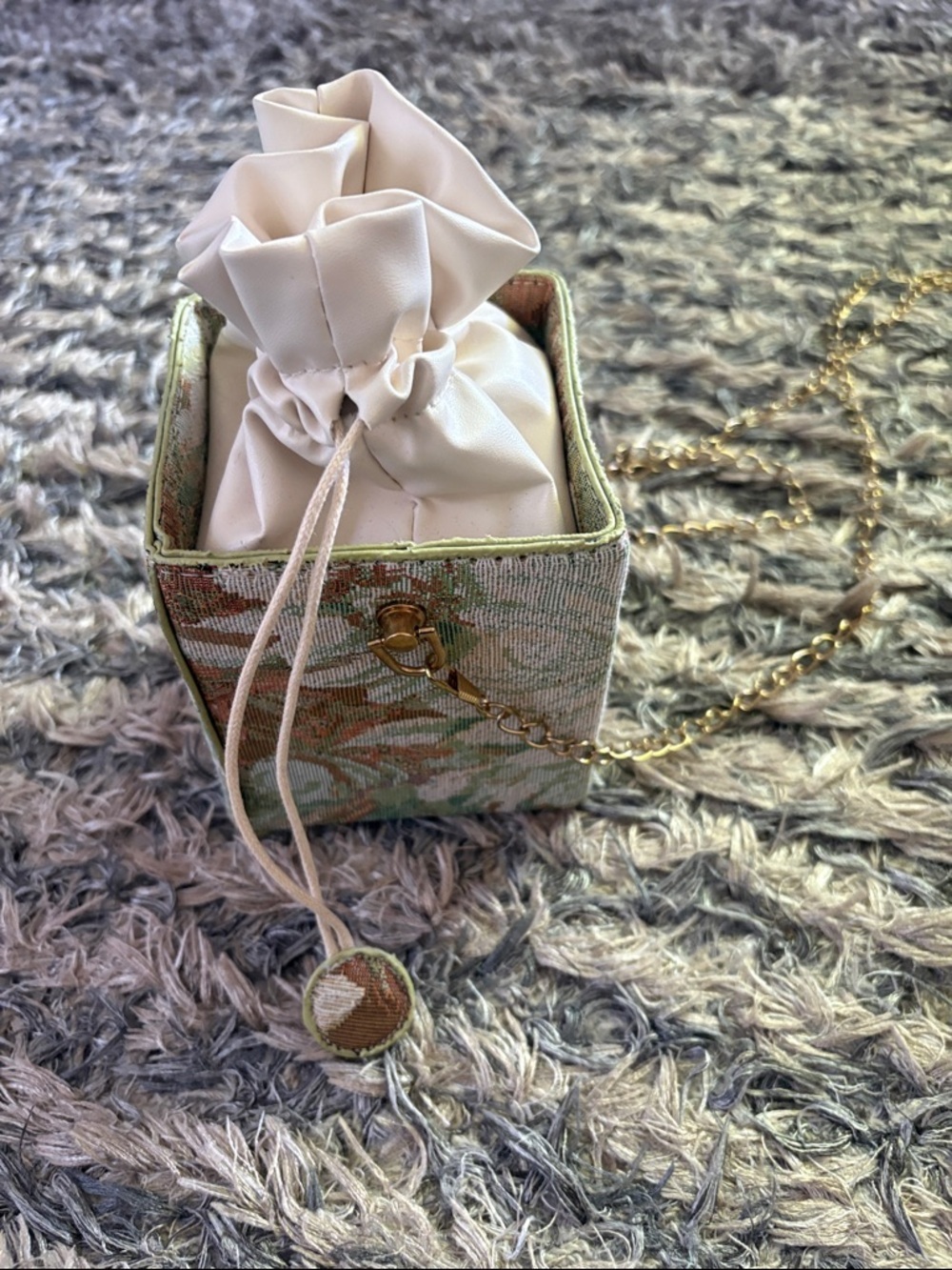 New Floral Tapestry Drawstring Mini Box Bag in Cream Brown and Green - Picture 4 of 12